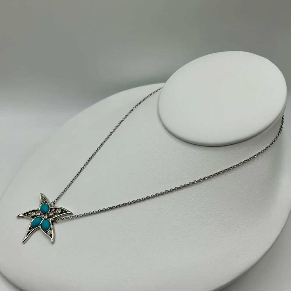 Coastal Silver Turquoise Starfish Pendant Necklace